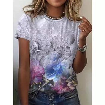 Женская футболка с короткими рукавами и 3D-принтом Holiday Weekend Basic с круглым вырезом и обычным цветочным принтом XS