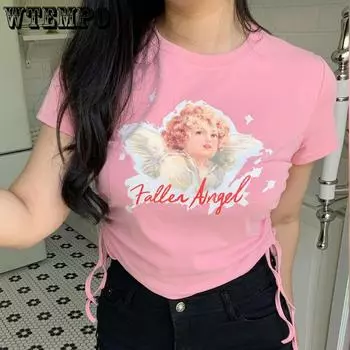 Женская футболка с короткими рукавами и длинными рукавами с принтом херувима на шнурке, тонкие тонкие топы с короткими рукавами M розовый