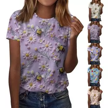 Женская футболка с короткими рукавами и круглым вырезом, модная футболка с цветочным принтом подсолнечника и пчелы, повседневный топ, топ с короткими рукавами реглан L чёрный