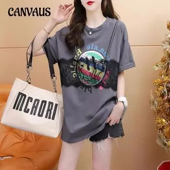 Женская футболка с короткими рукавами и ленивой кружевной строчкой, круглый вырез, женский летний свободный утягивающий топ M темно-серого