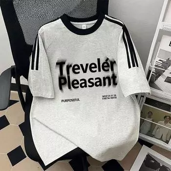 Женская футболка с короткими рукавами и принтом на плечах в виде трех полосок M белый