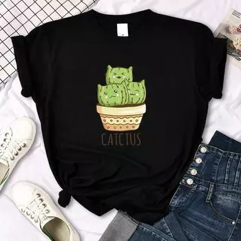 Женская футболка с короткими рукавами и тремя милыми кактусами с мультяшным принтом, женские мягкие свободные топы большого размера Kawaii, летние универсальные тонкие футболки S чёрный