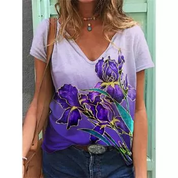 Женская футболка с короткими рукавами и V-образным вырезом, напечатанная на 3D-принтере S