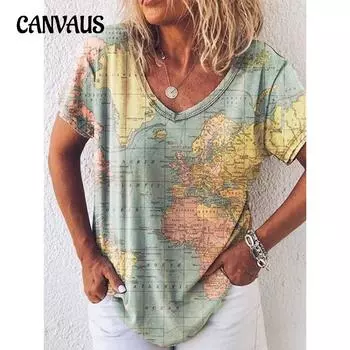 Женская футболка с короткими рукавами и V-образным вырезом, топы и футболки с принтом карты на весну и лето S зелёный