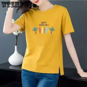 Женская футболка с короткими рукавами размера плюс 150 кг, летняя свободная рубашка с тонким животом и принтом, топ для женщин M красный