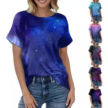 Женская футболка с короткими рукавами с принтом «Космическая графика» Модный летний топ с короткими рукавами и круглым вырезом L