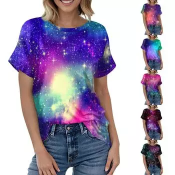Женская футболка с короткими рукавами с принтом «Космическая графика» Модный летний топ с короткими рукавами и круглым вырезом L