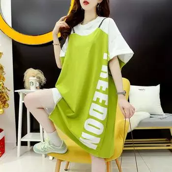 Женская футболка с короткими рукавами, юбка, поддельный кружевной топ из двух частей, корейское платье больших размеров свободного покроя для женщин M зелёный