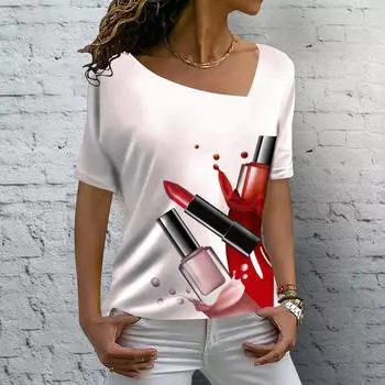 Женская футболка с косметическим принтом, 3D V-образным вырезом, модные топы с короткими рукавами для отдыха, 2022, повседневная базовая одежда для девочек, одежда в стиле Харадзюку 3XL