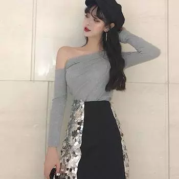 Женская футболка с косыми плечами и длинным рукавом, без бретелек