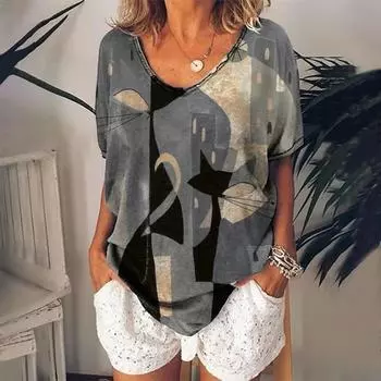 Женская футболка с котенком в стиле аниме, винтажная одежда, летние топы в стиле Харадзюку с короткими рукавами в стиле ретро, женская блузка с v-образным вырезом, толстовка оверсайз M