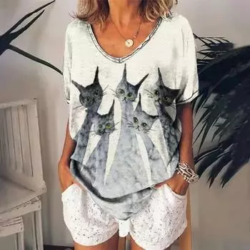 Женская футболка с котенком в стиле аниме, винтажная одежда, летние топы в стиле Харадзюку с короткими рукавами в стиле ретро, женская блузка с v-образным вырезом, толстовка оверсайз XXS