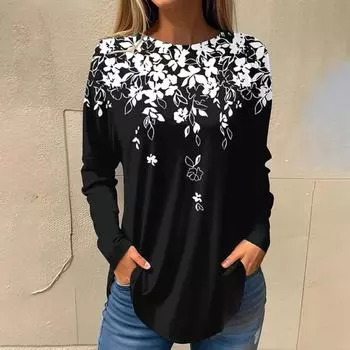 Женская футболка с красным цветочным принтом, длинный рукав, праздничные выходные, базовая неоновая и яркая, круглый вырез, стандартный крой, весна и осень S