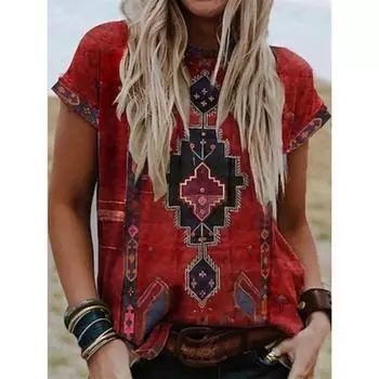 Женская футболка с красным графическим принтом Tribal Patchwork с коротким рукавом, повседневная, базовая, бохо, этническая, с круглым вырезом, обычная S