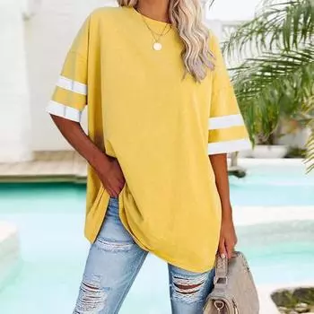 Женская футболка с круглым рукавом, свободная посадка, цветной пуловер, футболка с контрастным вырезом, короткие топы, летние каникулы S зелёный