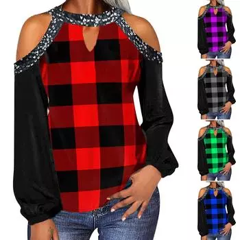 Женская футболка с круглым вырезом без бретелек и клетчатым принтом, свободная, с длинным рукавом XXL серый