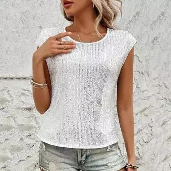 Женская футболка с круглым вырезом без рукавов свободного кроя футболка с блестящими пайетками повседневные футболки стандартного кроя топ повседневная одежда S чёрный