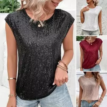 Женская футболка с круглым вырезом без рукавов свободного кроя футболка с блестящими пайетками повседневные футболки стандартного кроя топ повседневная одежда S вино красного