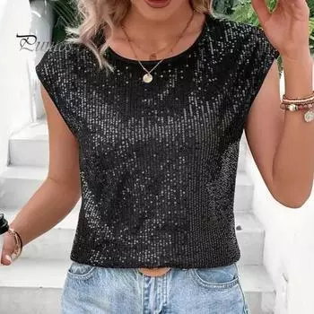 Женская футболка с круглым вырезом без рукавов свободного кроя футболка с блестящими пайетками повседневные футболки стандартного кроя топ повседневная одежда S чёрный