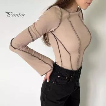 Женская футболка с круглым вырезом, длинными расклешенными рукавами, облегающая ребристая трехмерная отделка, пуловер, топы, повседневная одежда S серый