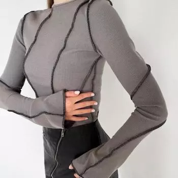 Женская футболка с круглым вырезом, длинными расклешенными рукавами, облегающая ребристая трехмерная отделка, пуловер, топы S серый