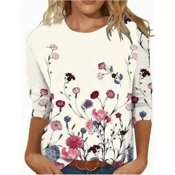 Женская футболка с круглым вырезом, длинными рукавами и цветочным принтом. Модная и трендовая женская футболка на осень. S