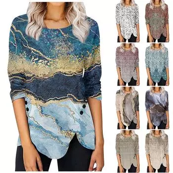 Женская футболка с круглым вырезом, длинными рукавами, принтом, нестандартной застежкой на пуговицы XL