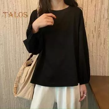 Женская футболка с круглым вырезом и длинным рукавом-фонариком, эластичные манжеты, однотонная свободная футболка, топы, повседневная одежда M фиолетовый