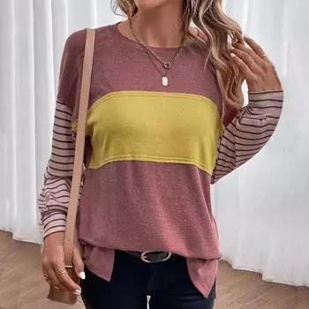 Женская футболка с круглым вырезом и длинным рукавом в полоску контрастного цвета, свободный крой, эластичный дышащий пуловер L вино красного