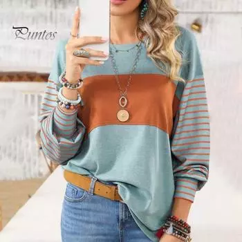 Женская футболка с круглым вырезом и длинным рукавом в полоску контрастного цвета свободного кроя, эластичная дышащая футболка-пуловер 2XL вино красного