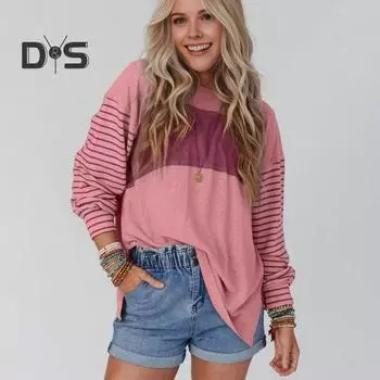 Женская футболка с круглым вырезом и длинным рукавом в полоску контрастного цвета свободного кроя, эластичная дышащая футболка-пуловер 2XL вино красного