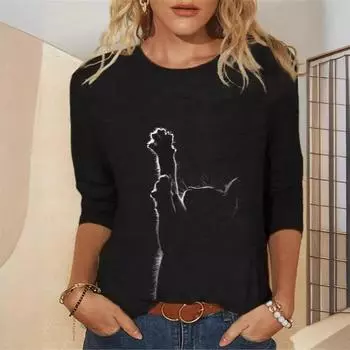 Женская футболка с круглым вырезом и длинным рукавом в европейском и американском стиле с принтом животных и кошек, повседневный модный топ S