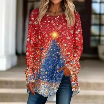 Женская футболка с круглым вырезом и длинным рукавом, модная повседневная, с 3D-принтом в виде рождественской елки, для рождественской вечеринки S