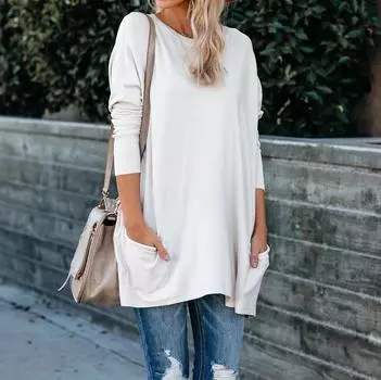 Женская футболка с круглым вырезом и длинным рукавом, топ с карманами, одежда больших размеров S чёрный