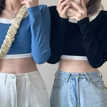 Женская футболка с круглым вырезом и длинным рукавом в стиле пэчворк с открытым пупком M