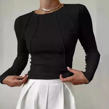 Женская футболка с круглым вырезом и длинным рукавом, облегающая футболка, однотонные цветные линии, украшения, эластичный пуловер, топы для повседневной носки XL белый