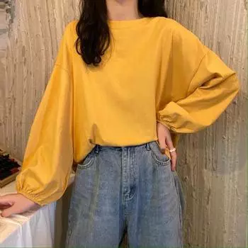 Женская футболка с круглым вырезом и длинным рукавом-фонариком, эластичные манжеты, однотонная свободная футболка, топы, повседневная одежда 2XL фиолетовый