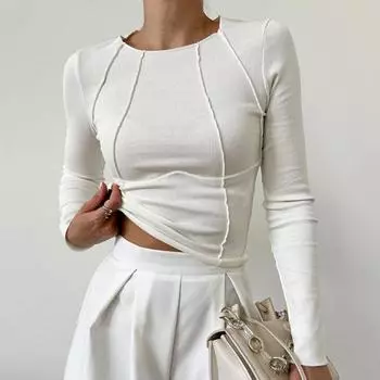 Женская футболка с круглым вырезом и длинным рукавом, облегающая футболка, однотонные цветные линии, украшения, эластичный пуловер, топы для повседневной носки S чёрный