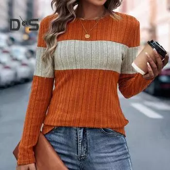 Женская футболка с круглым вырезом и длинным рукавом, полосатая футболка контрастного цвета, приталенный пуловер, топы, повседневная одежда S чёрный