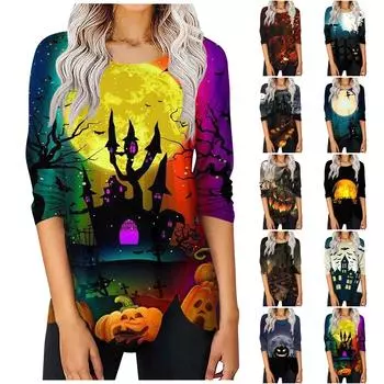 Женская футболка с круглым вырезом и длинным рукавом, принт на тему Хэллоуина, неровный подол, застежка на пуговицы L