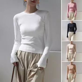 Женская футболка с круглым вырезом и длинным рукавом, облегающая футболка, однотонная, легкая, универсальная, топы, одежда для отдыха S розовый