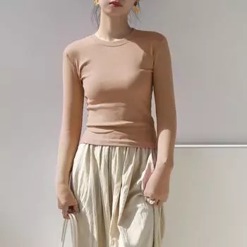 Женская футболка с круглым вырезом и длинным рукавом, облегающая футболка, однотонная, легкая, универсальная, топы, одежда для отдыха S абрикосовый