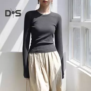 Женская футболка с круглым вырезом и длинным рукавом, облегающая футболка, однотонная, легкая, универсальная, топы, одежда для отдыха S белый