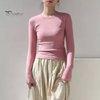 Женская футболка с круглым вырезом и длинным рукавом, облегающая футболка, однотонная, легкая, универсальная, топы, одежда для отдыха S чёрный