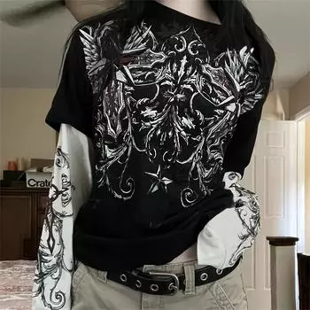 Женская футболка с круглым вырезом и длинными рукавами в винтажном принте S чёрный