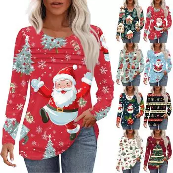 Женская футболка с круглым вырезом и длинными рукавами с принтом рождественской елки и снежинки XXXL