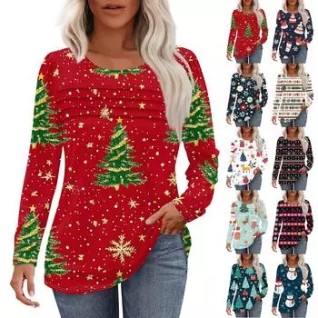 Женская футболка с круглым вырезом и длинными рукавами с принтом рождественской елки и снежинки S