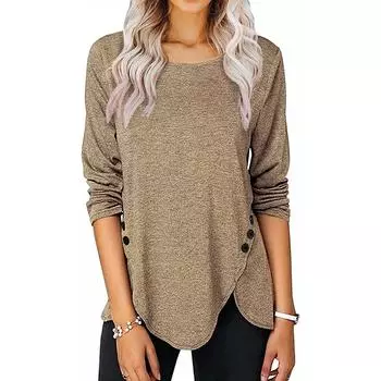 Женская футболка с круглым вырезом и длинными рукавами, однотонный топ на пуговицах нестандартной формы S бежевый
