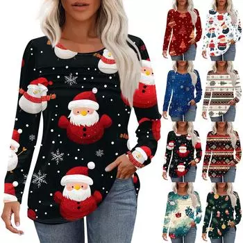 Женская футболка с круглым вырезом и длинными рукавами с принтом рождественской елки и снежинки XL