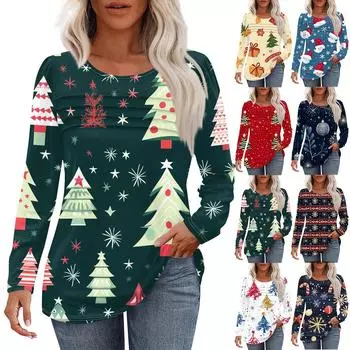 Женская футболка с круглым вырезом и длинными рукавами с принтом рождественской елки и снежинки XL синий